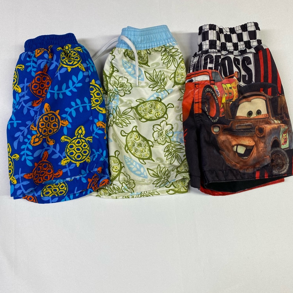 Kids Swim Shorts Trio - Turtle Print Blue, Green & Cars Graphic Size 18 Months
